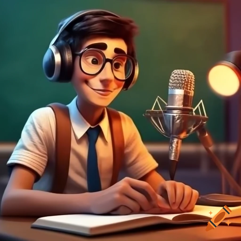 Anthropomorphic character based on microphone with friendly face in modern classroom