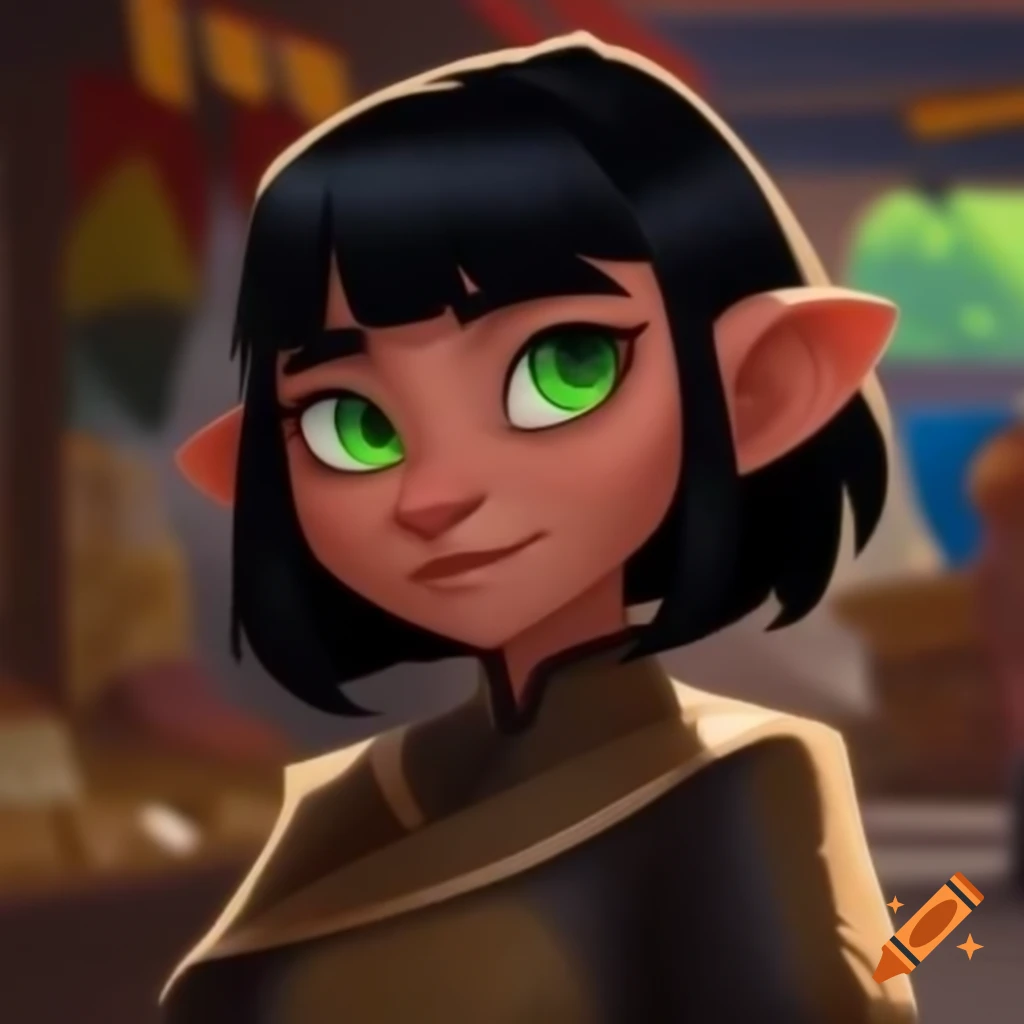 Confident woman with black ponytail and green eyes in vibrant market