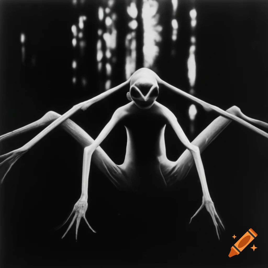 Tall slender figure crawling in dark forest, 80s style movie poster