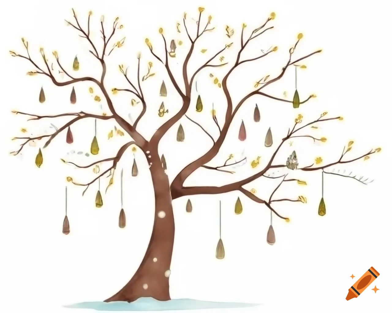 Winter tree with bare branches and fairy lights in watercolor storybook style