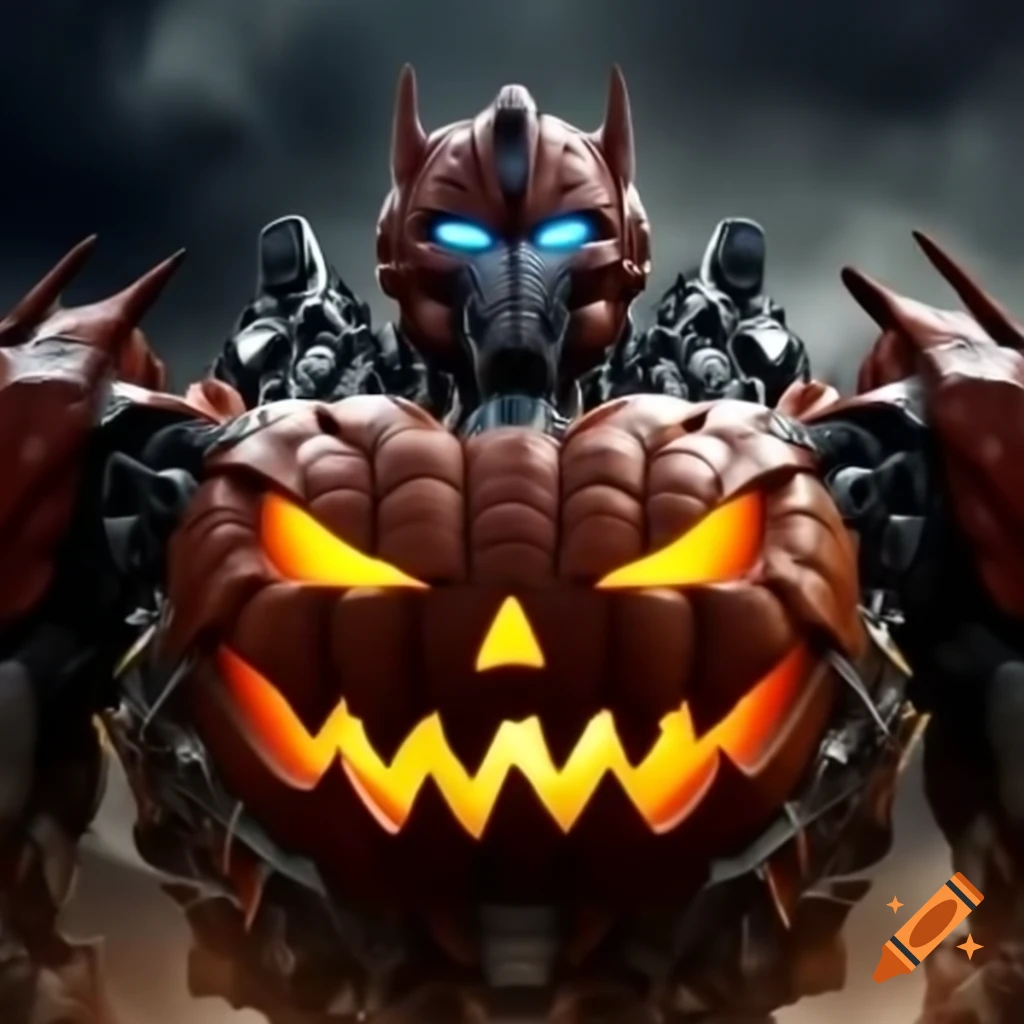 Pumpkin transformed into powerful Autobot with electrifying energy from jack-o-lantern face