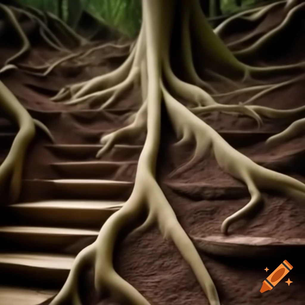 Tree roots breaking through concrete steps