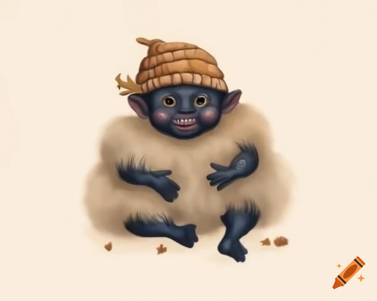 Illustrative watercolor of dark-skinned baby in gum nut hat, inspired by Beatrix Potter