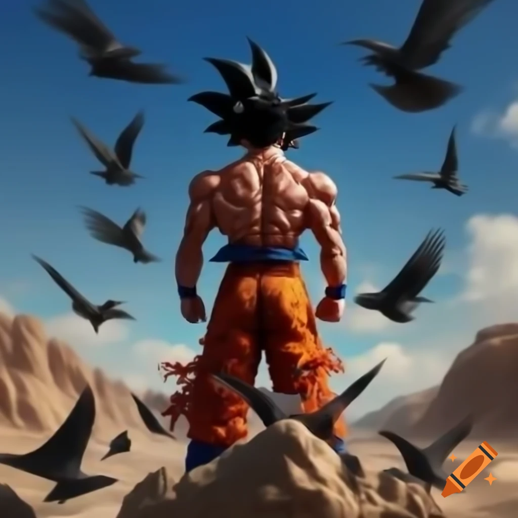 Goku in mastered ultra instinct surrounded by flying crows