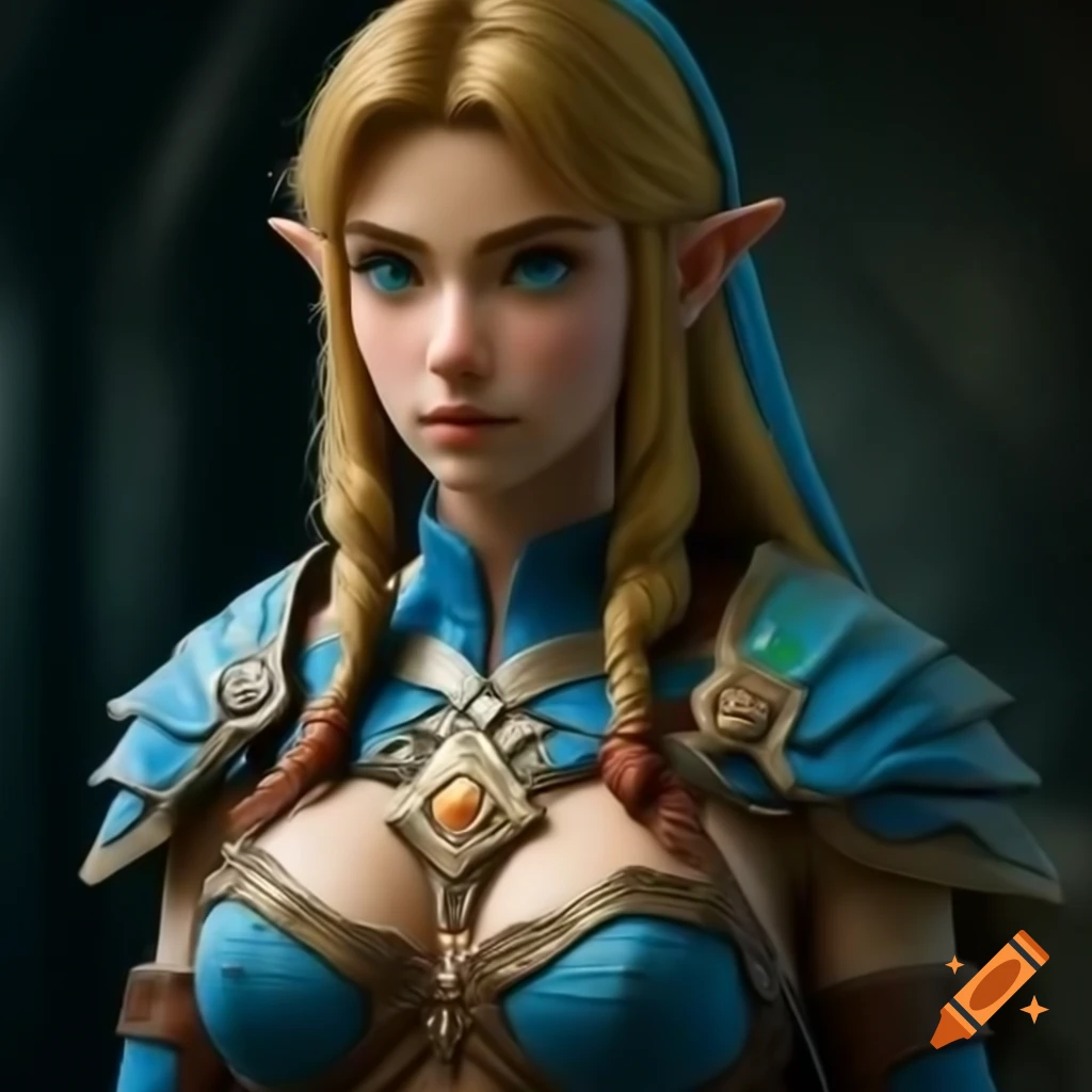 Hyper realistic portrayal of Zelda with Hyrule background