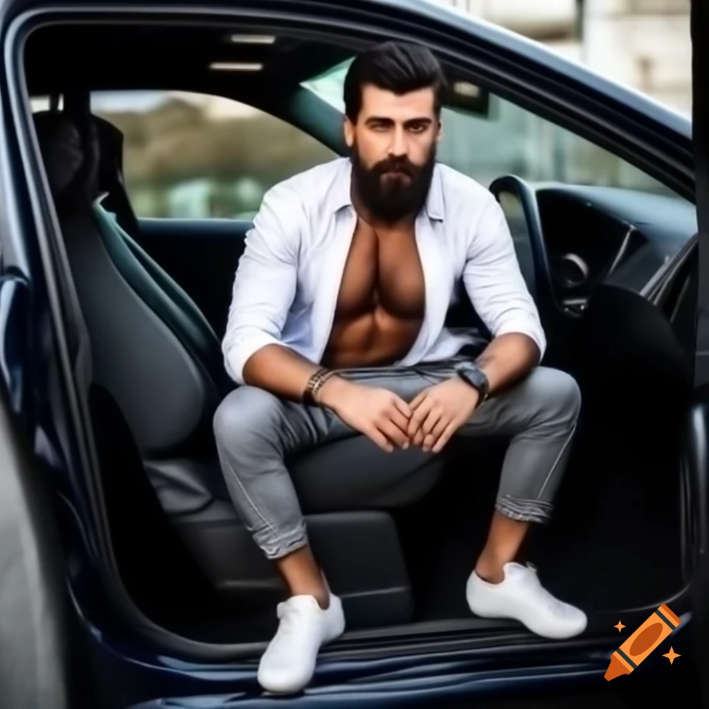 Strong Turkish man in taxi wearing open white shirt and gray pants