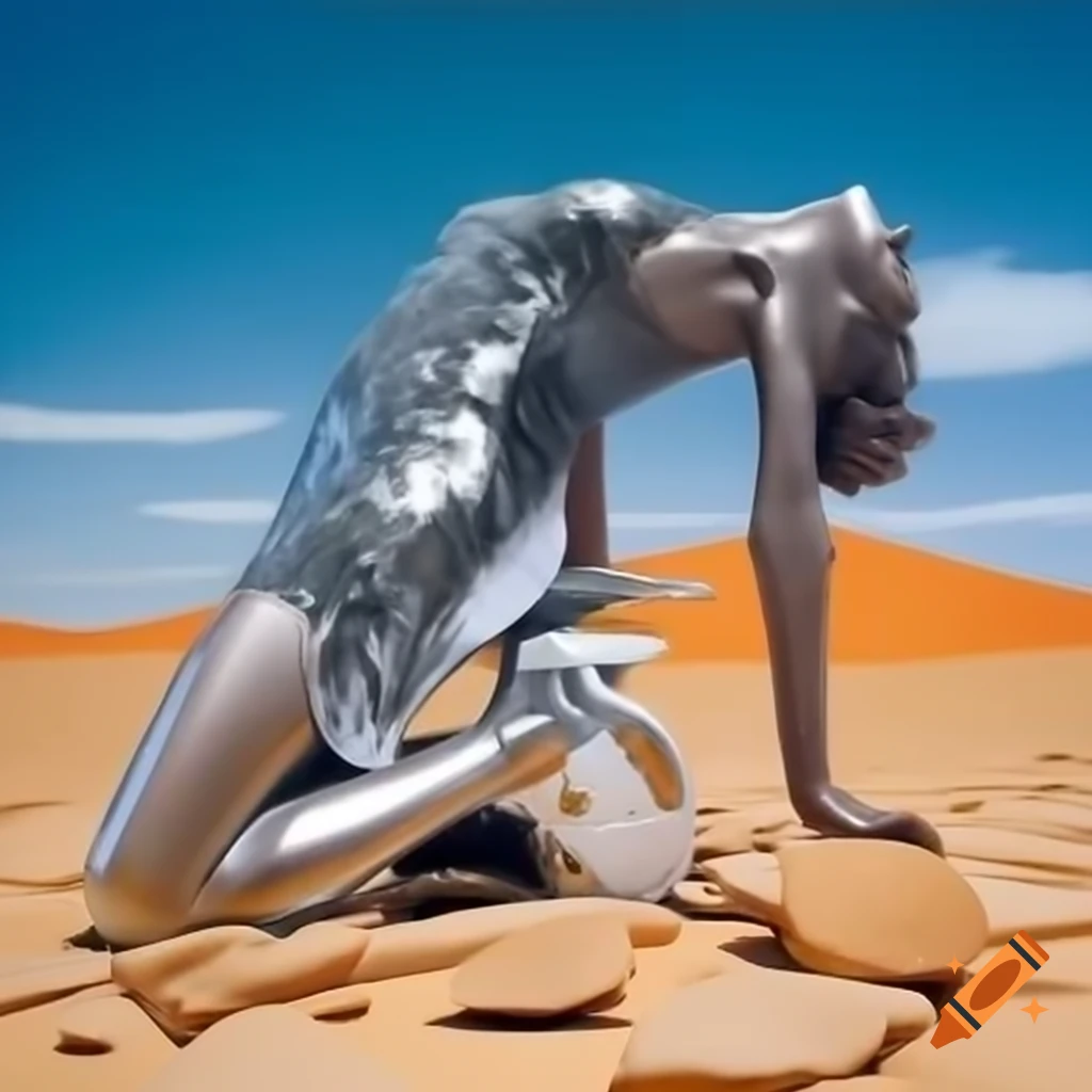 Pop surreal photography of woman as silver statue in stone desert