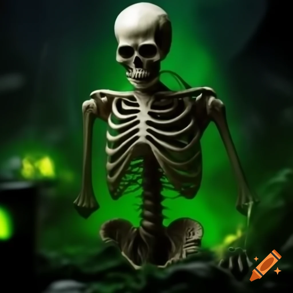 Glowing skeleton in dark green spooky scene
