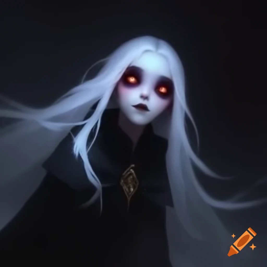 Mysterious figure with glowing eyes and white hair