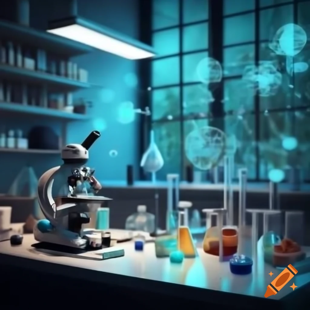 Realistic science lab with modern equipment, microscopes, beakers, and chemical formulas
