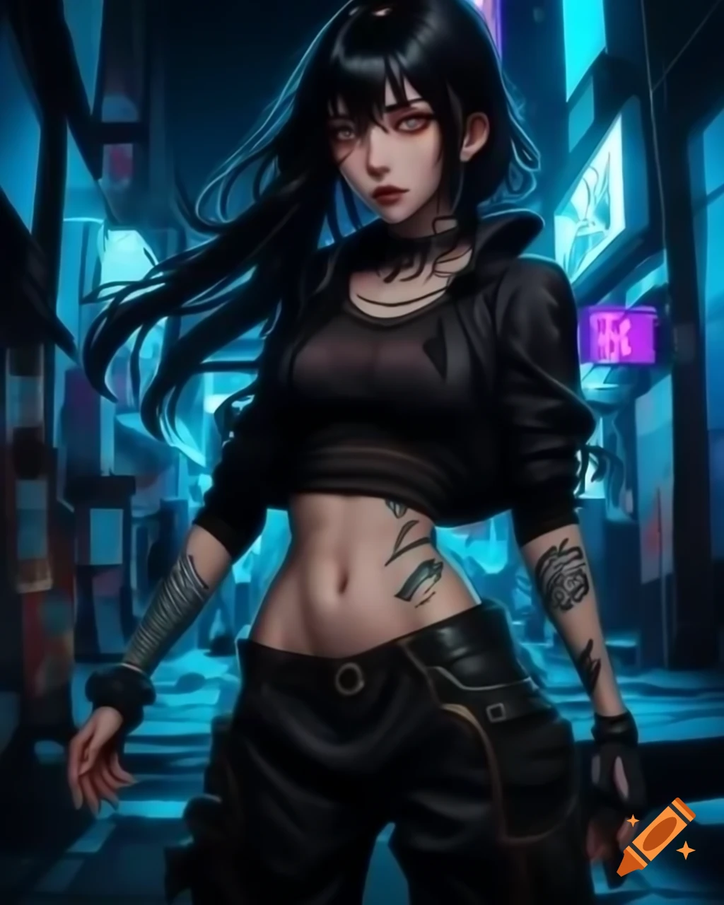 Punk-inspired young woman in dystopian fashion with black hair