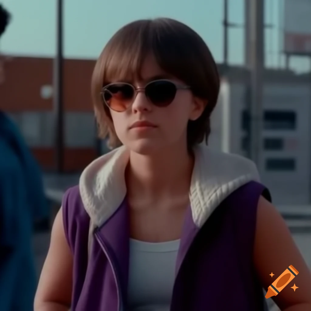 Millie Bobby Brown styled with short hair and bangs in sleeveless jacket and cold weather outfit