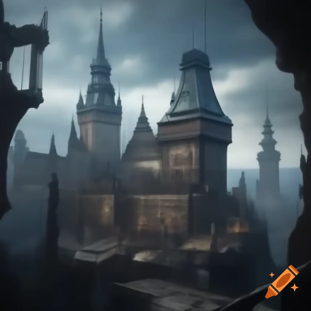 Prague Castle fused with steampunk towers in alternative dimension