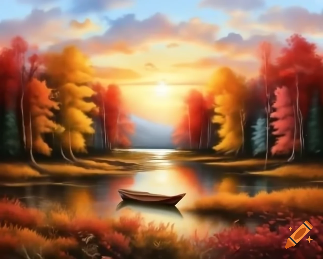 Asymmetric lake with colorful trees and boat, autumn scene, detailed painting