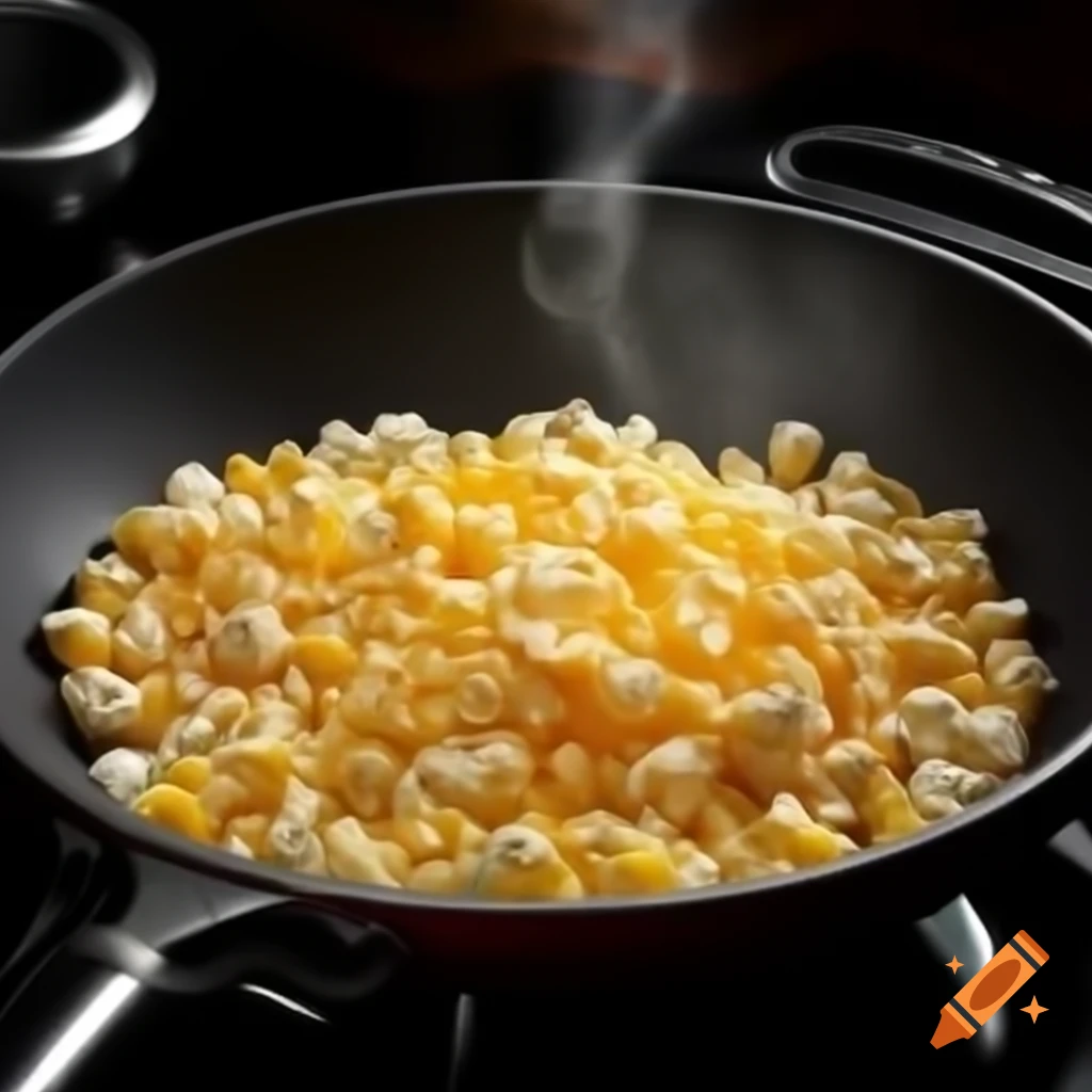 Pot filled with bubbling oil and corn kernels popping