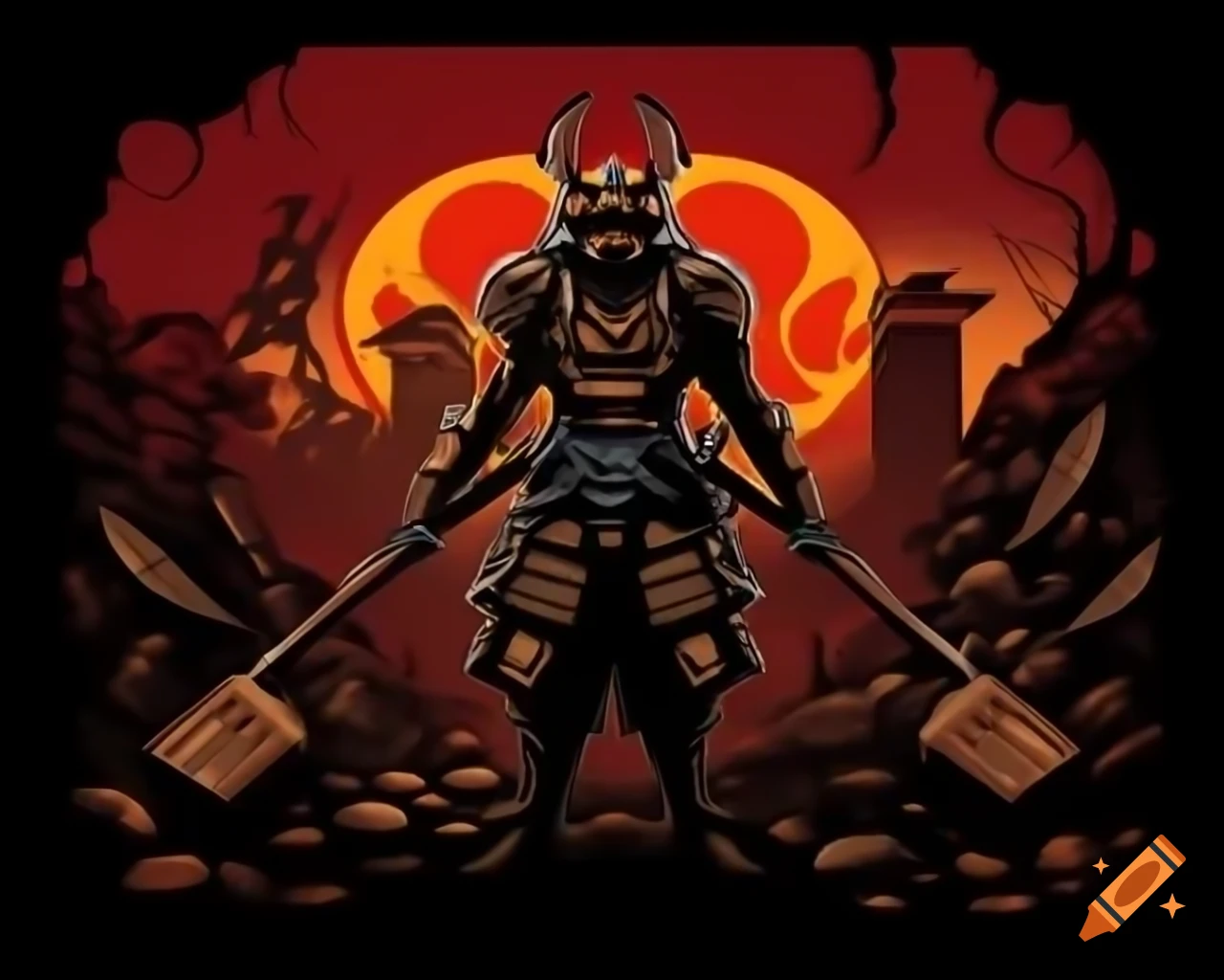 Cybernetic samurai with battle axe and plasma glow in apocalyptic setting