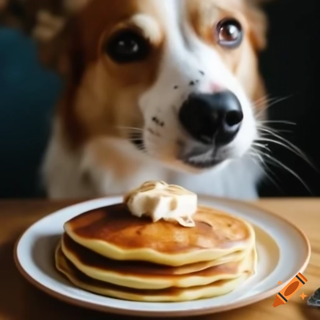 Dog enjoying a plate of pancakes
