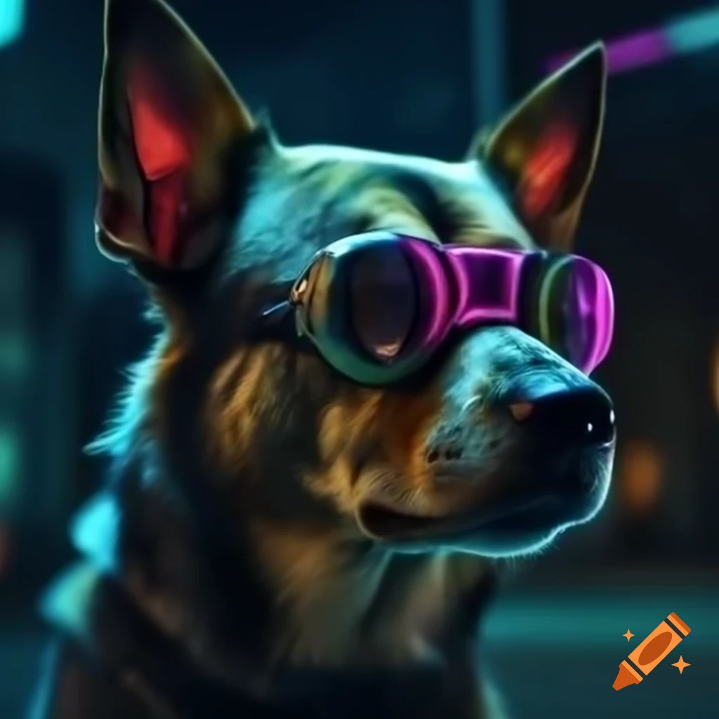 Dog with cyberpunk-themed head design