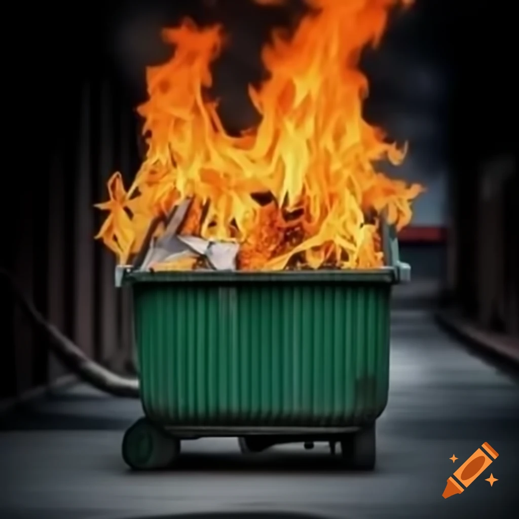 Burning dumpster creating flames and smoke