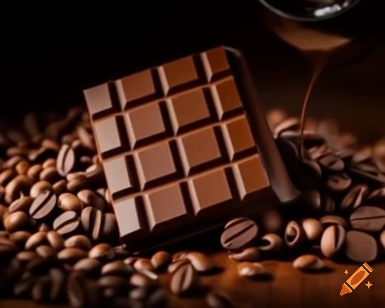 Chocolate bar on table with coffee beans in soft lighting