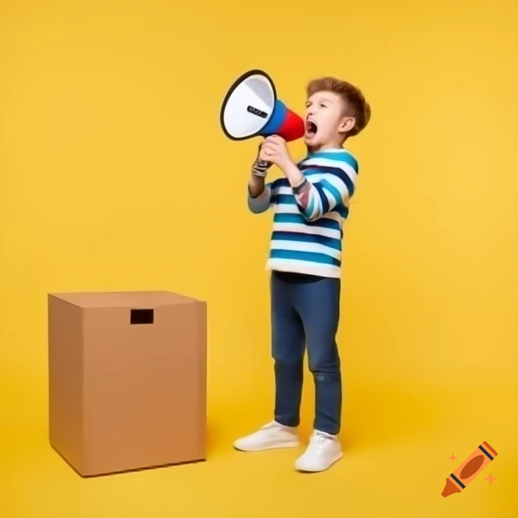 Boy using megaphone standing on wooden box against yellow background