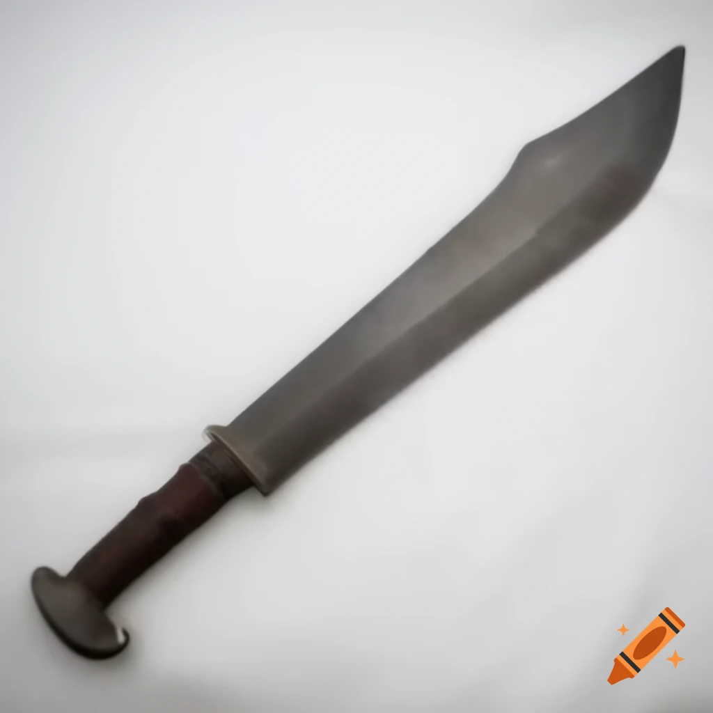 Rustic medieval machete with round rusty blade on white background