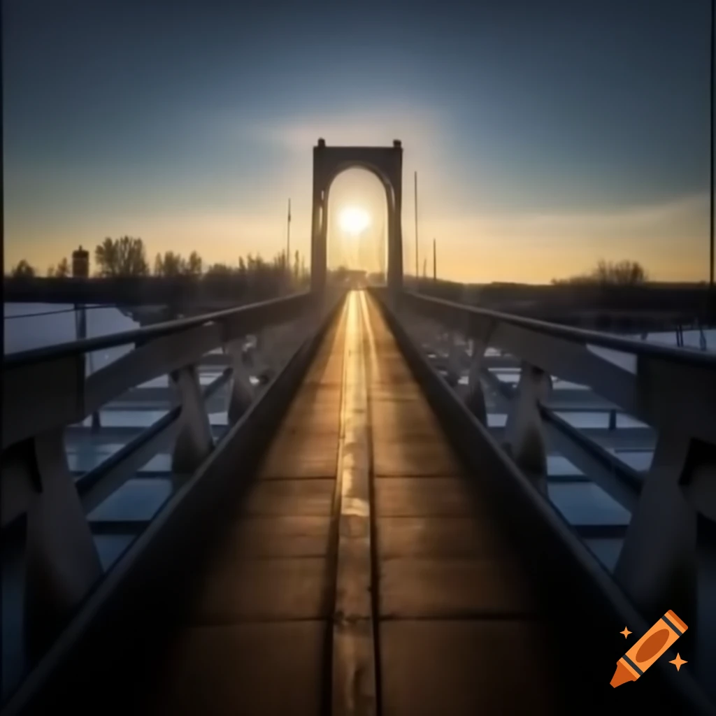 Sunrise aligning with arches of a bridge on a cold day