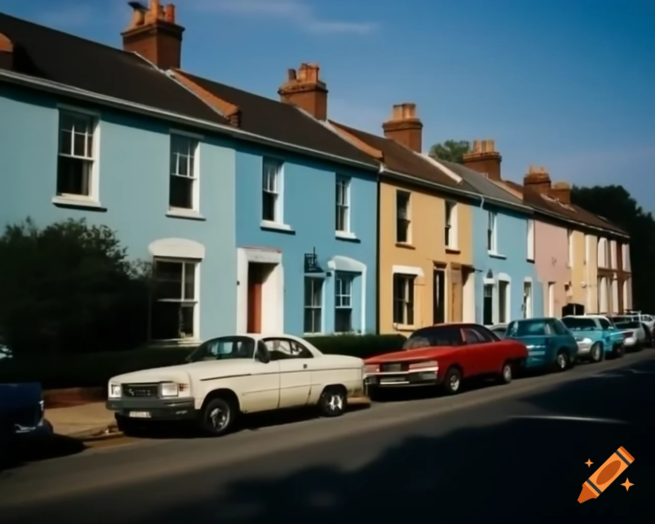 Pastel blue houses and vintage cars on nostalgic 90s street