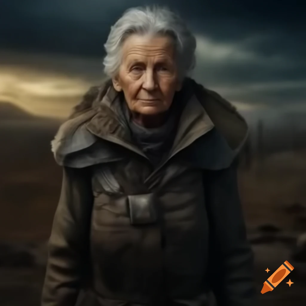 Elderly woman in post-apocalyptic setting