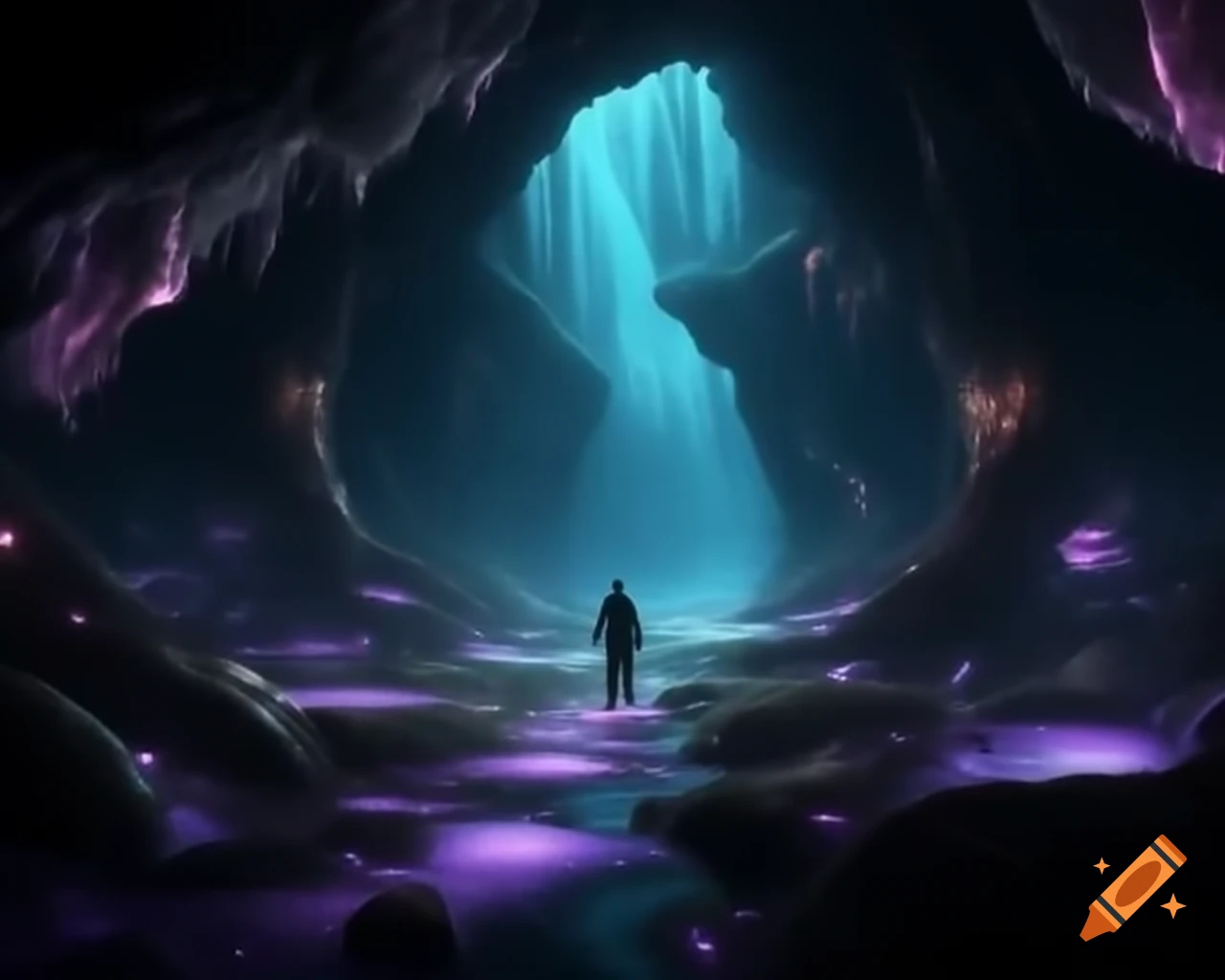 Bioluminescent trail from ominous silhouette illuminating hidden landscape