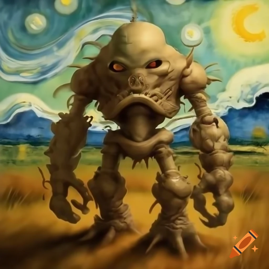 Golem character in Van Gogh and Rembrandt style, animation with watercolor elements