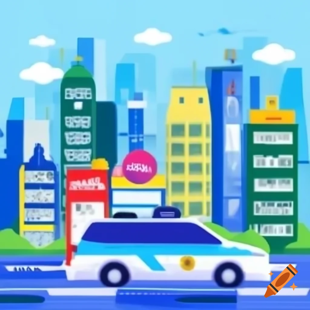Cityscape illustration featuring a moving taxi emphasizing transport convenience