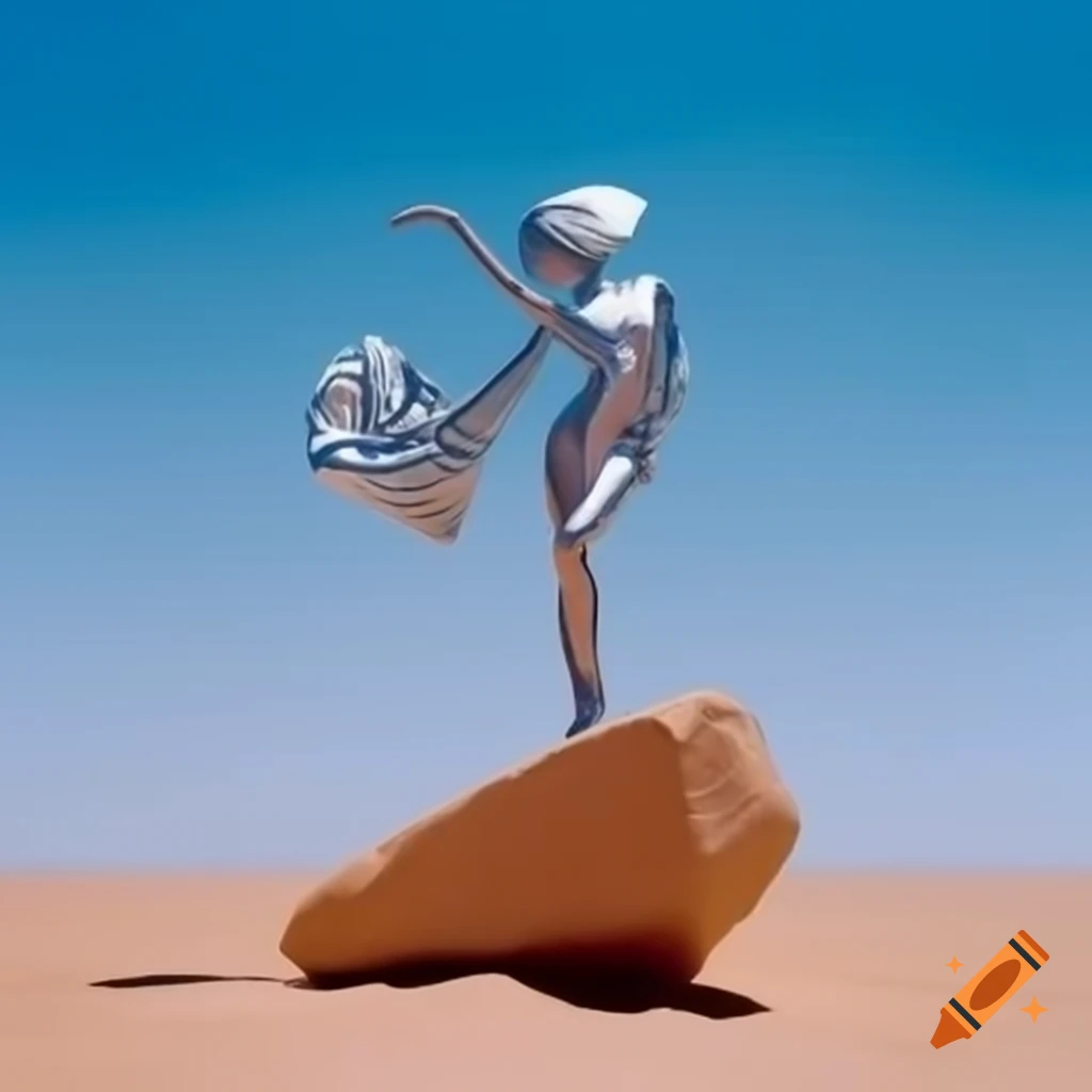Pop surreal photography of woman as silver statue in stone desert