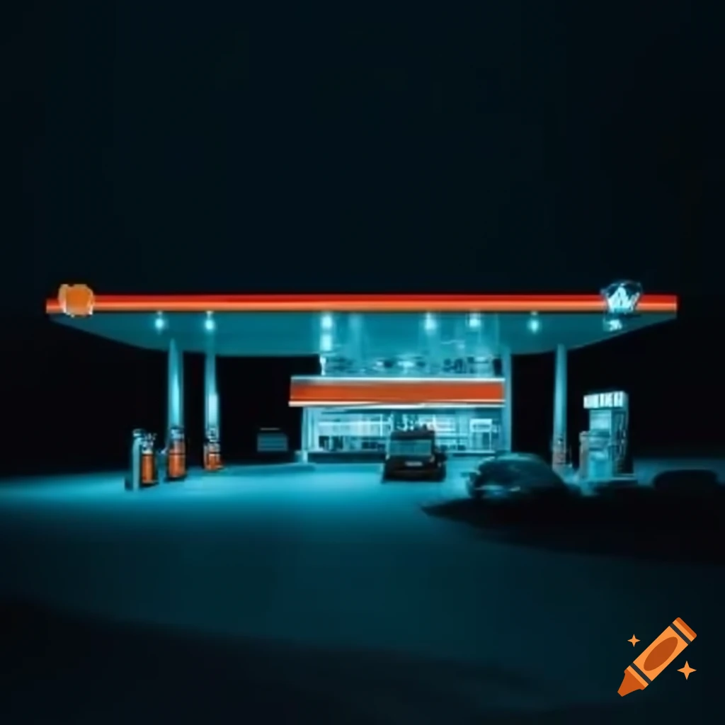 Isolated gas station at night in a desolate area