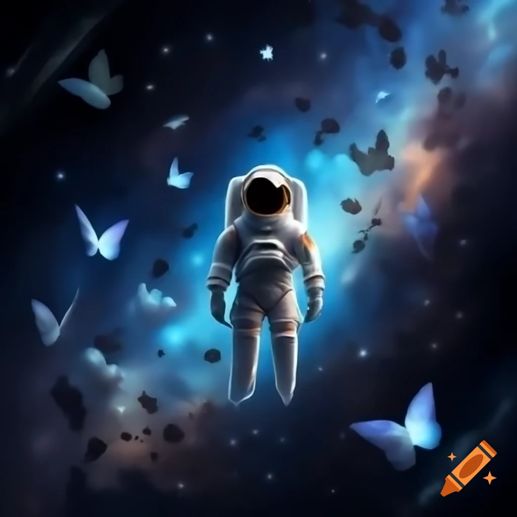 Astronaut journeying through cosmos filled with shimmering stars and butterflies