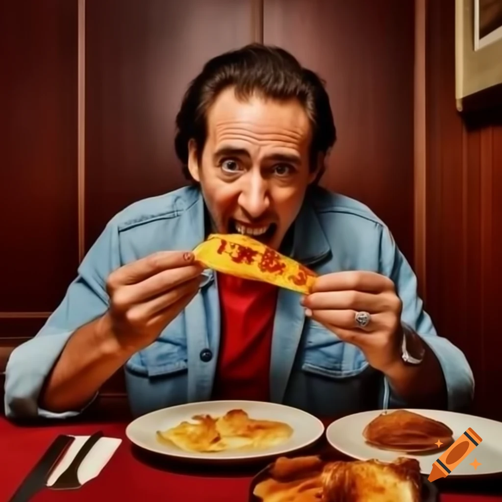 Young Nicolas Cage Savoring A Cheesy Slice Of Pizza Exuding Classic 