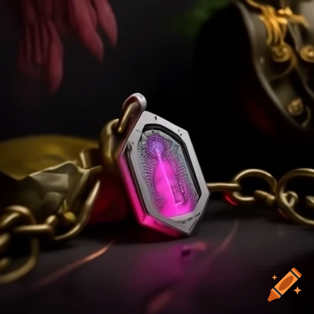 Shimmering amulet with arcane enchantment radiating pink-red light