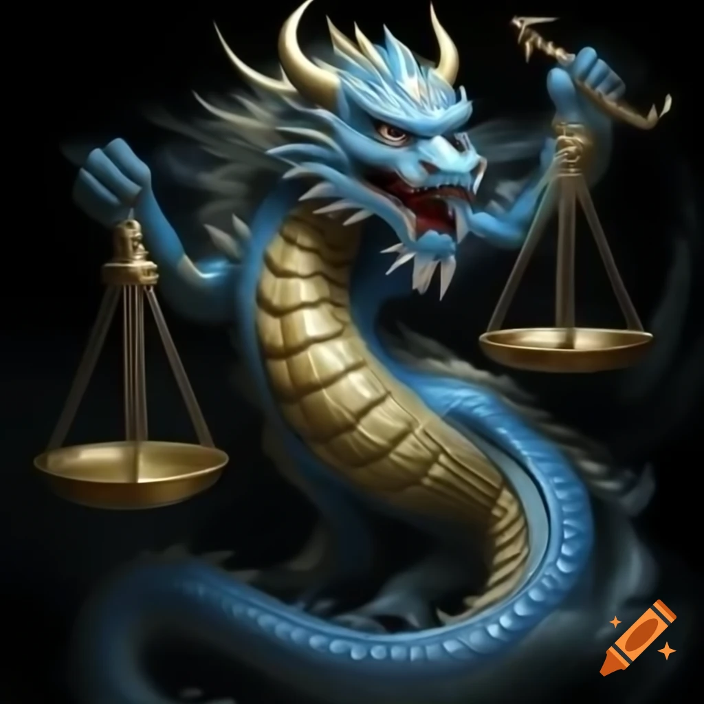 Floating Chinese dragon in gold and blue holding scale of justice, symbolizing balance and harmony