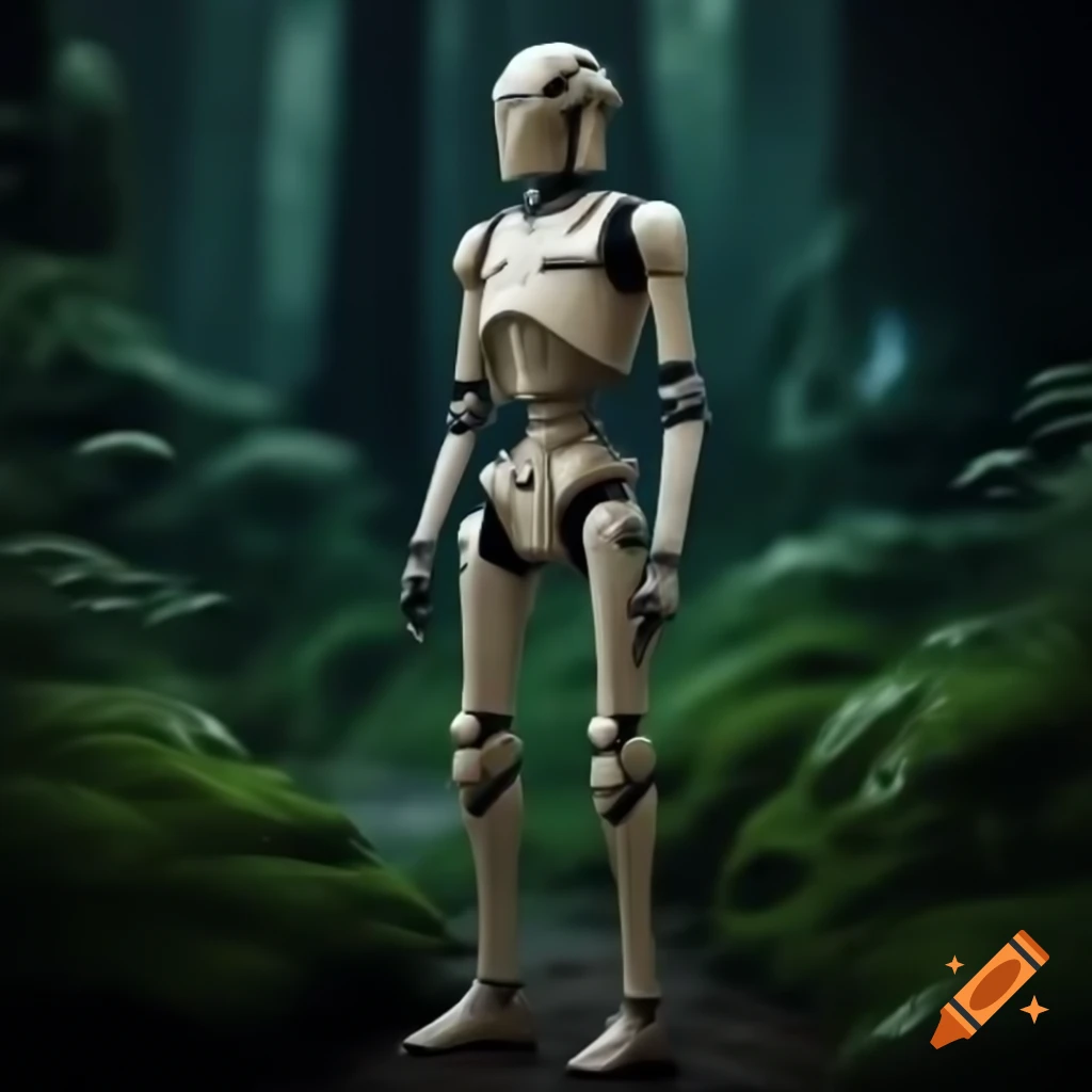 Standing protocol droid on forest planet Endor in Star Wars