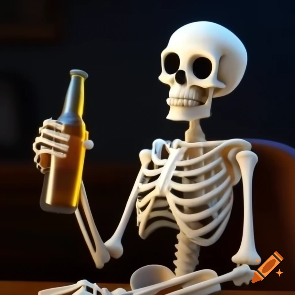 Cartoon skeleton holding beer bottle