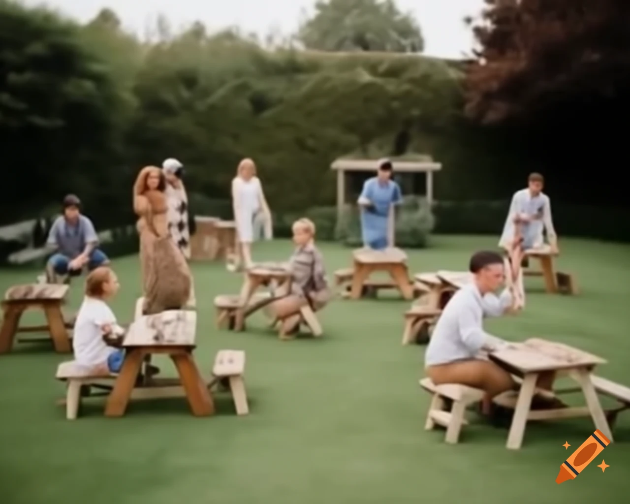 Outdoor garden party with animals playing wooden games on the lawn