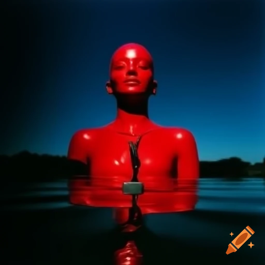 Pop surreal photography featuring red glass statue from 2000s
