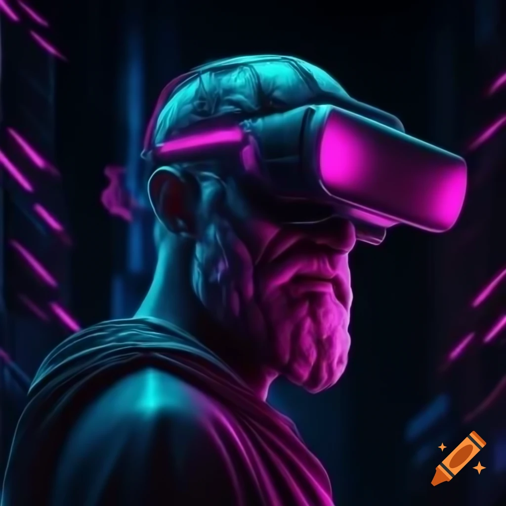 Plato reincarnated in cyberpunk metropolis, exploring digital ideals