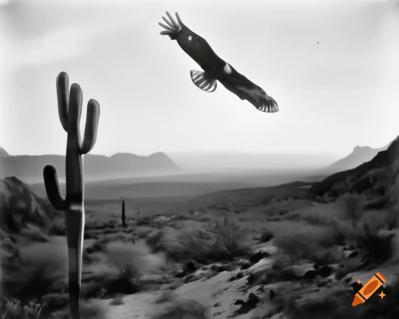 Desert landscape with cactus and eagles flying, 1849 black and white polaroid style
