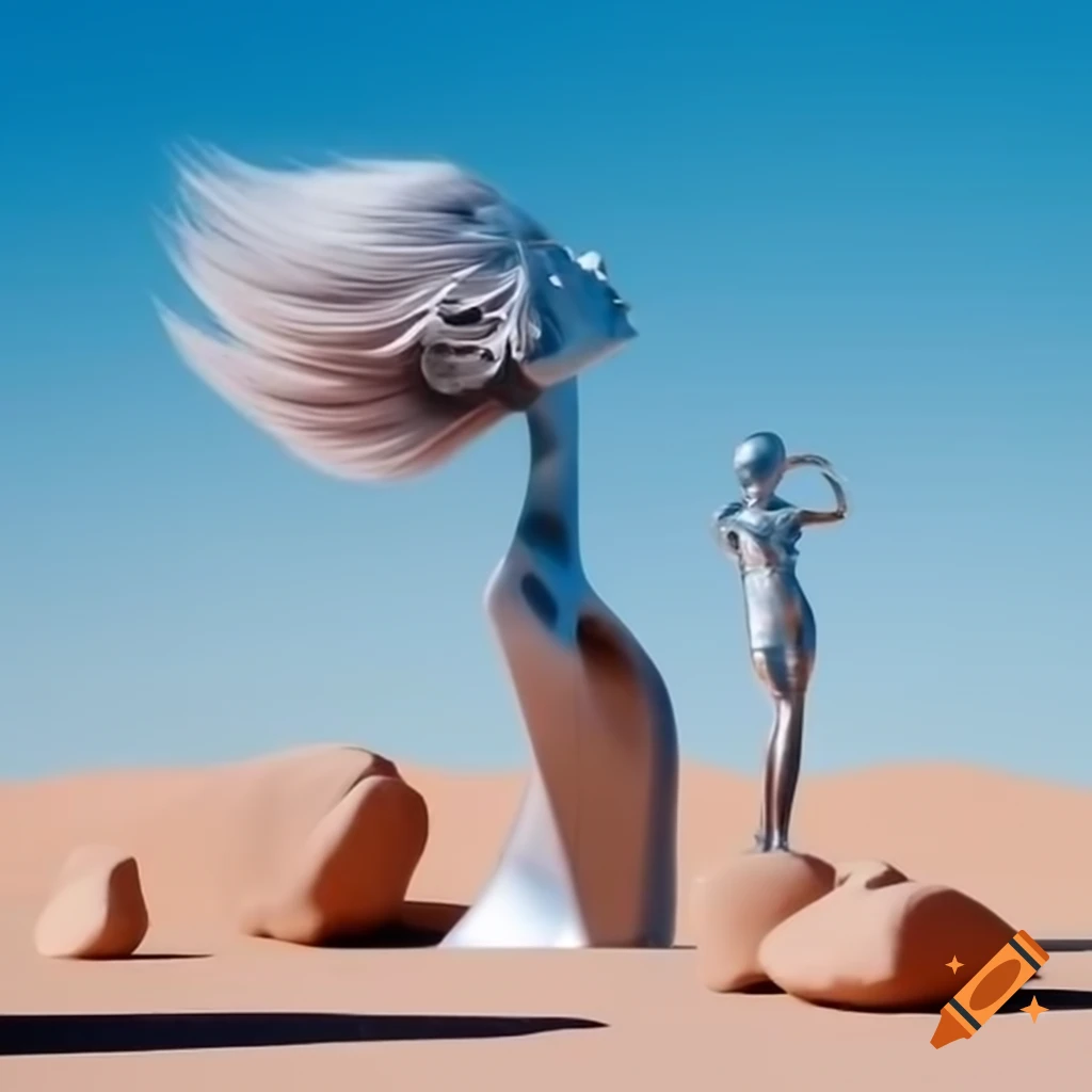 Pop surreal photography featuring silver statue of a woman in stone desert, 2000s style