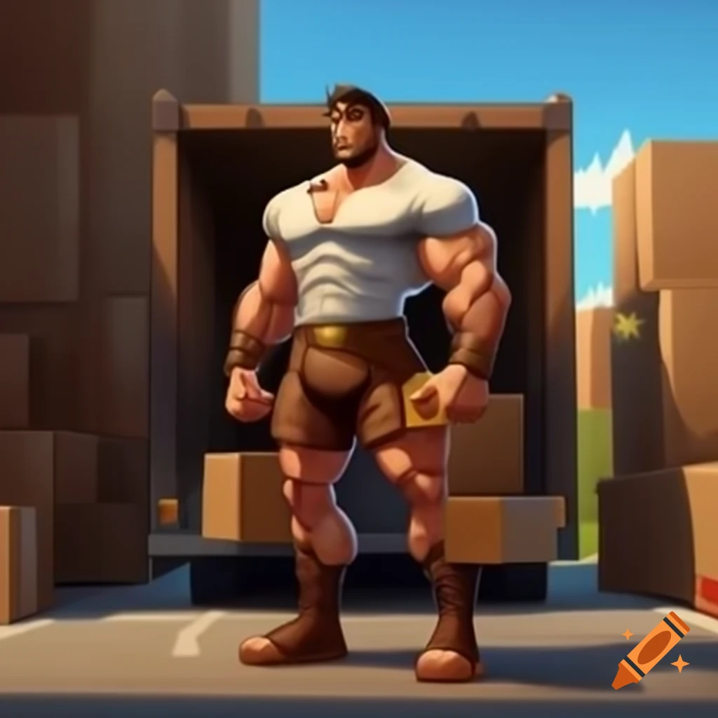 Hercules unloading boxes from modern truck, showcasing muscular build