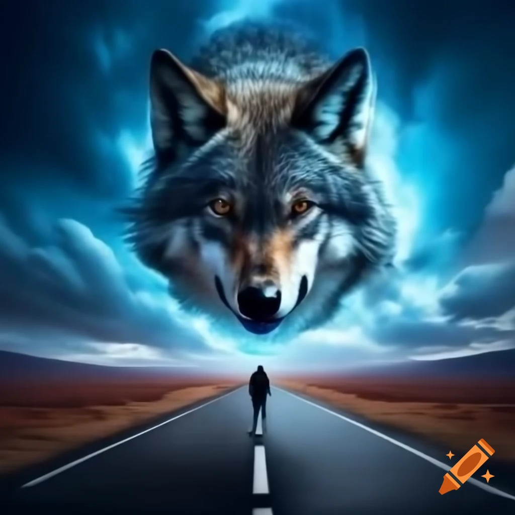 Spectral wolf watching figure on empty road under azure sky