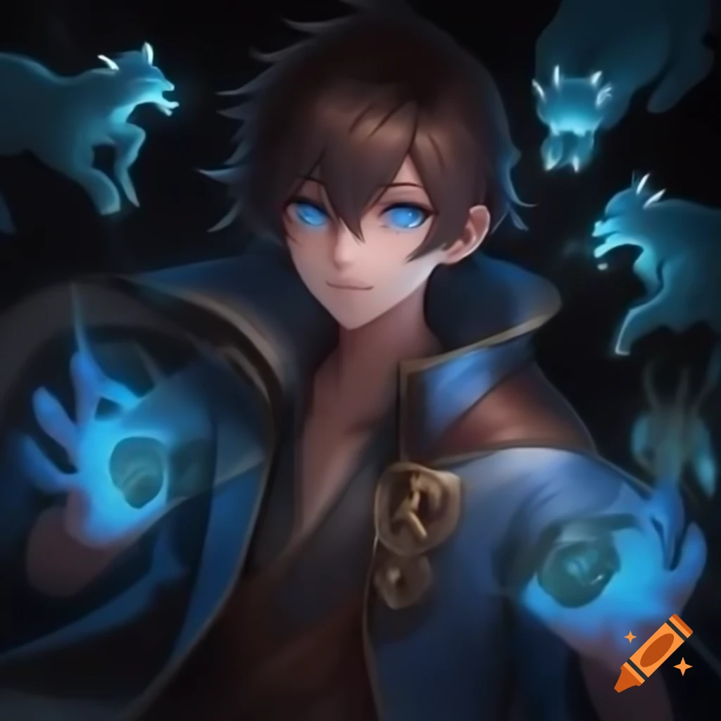 Anime young male sorcerer with blue eyes and animal forms