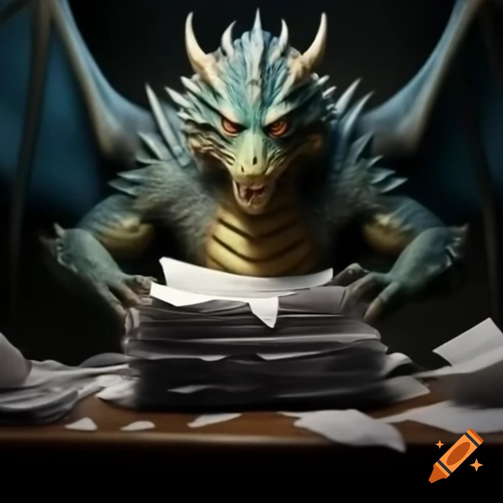 Security dragon guarding a large stack of papers