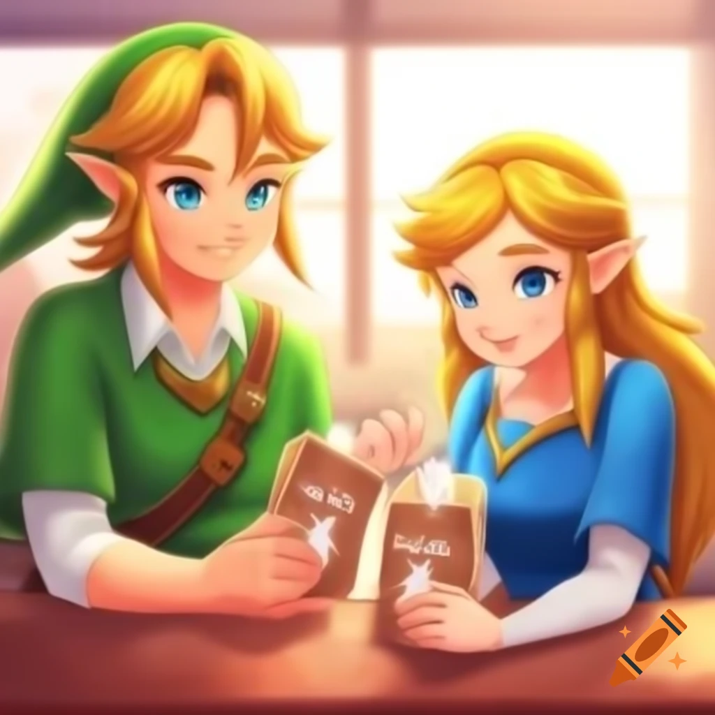 Link and Princess Zelda enjoying chocolate milk at cafeteria table, anime art